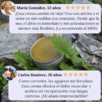 Crema natural para el dolor de magicataplasma en envase abierto sobre roca con helechos, opiniones de clientes destacadas