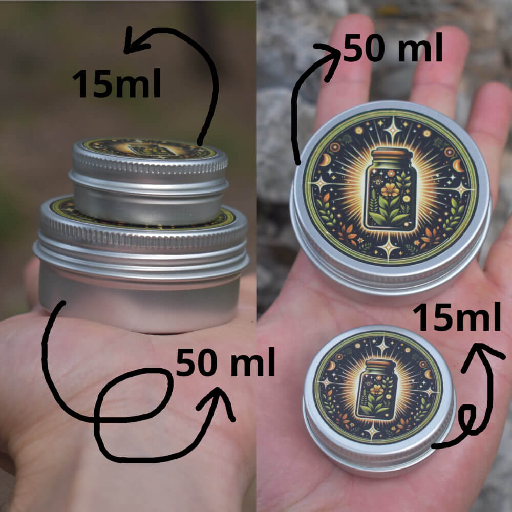 Comparación de tamaños de la crema natural para dolor muscular y articular de magicataplasma, envases de 15 ml y 50 ml
