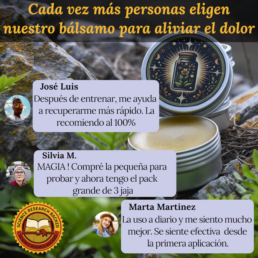 Crema natural para el alivio del dolor sobre roca con helecho, acompañada de reseñas y la frase "Cada vez más personas eligen nuestro bálsamo para aliviar el dolor"